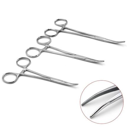 Stainless steel curved hemostat forceps clamp with serrated jaws