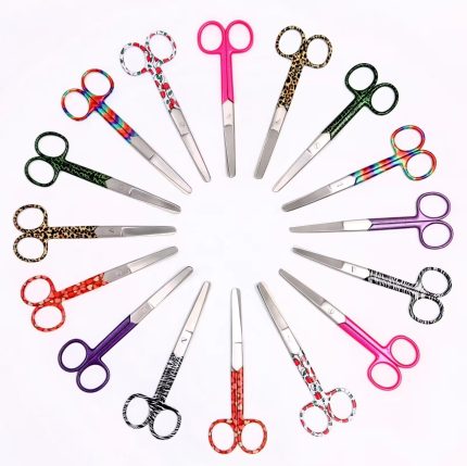 Colorful patterned handle stainless steel scissors arranged in a circle