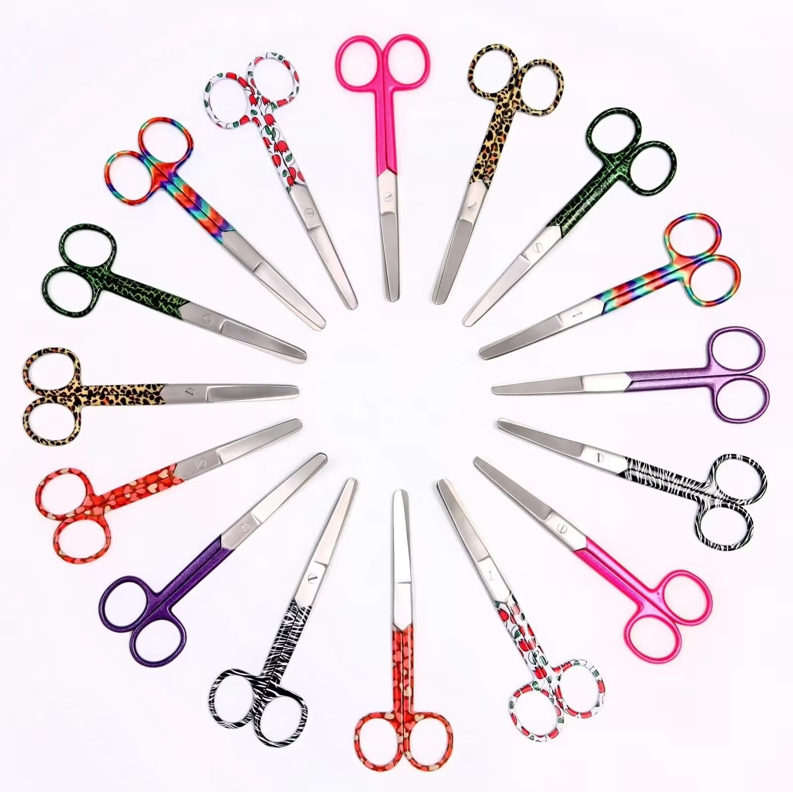 Colorful Pattern Handle Stainless Steel Scissors Set Colorful patterned handle stainless steel scissors arranged in a circle